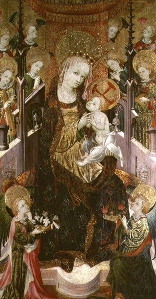 Madonna und Kind auf dem Thron, umgeben von Engeln, zentrale Tafel eines Triptychons, 1400-30 von Master of Burgo de Osma